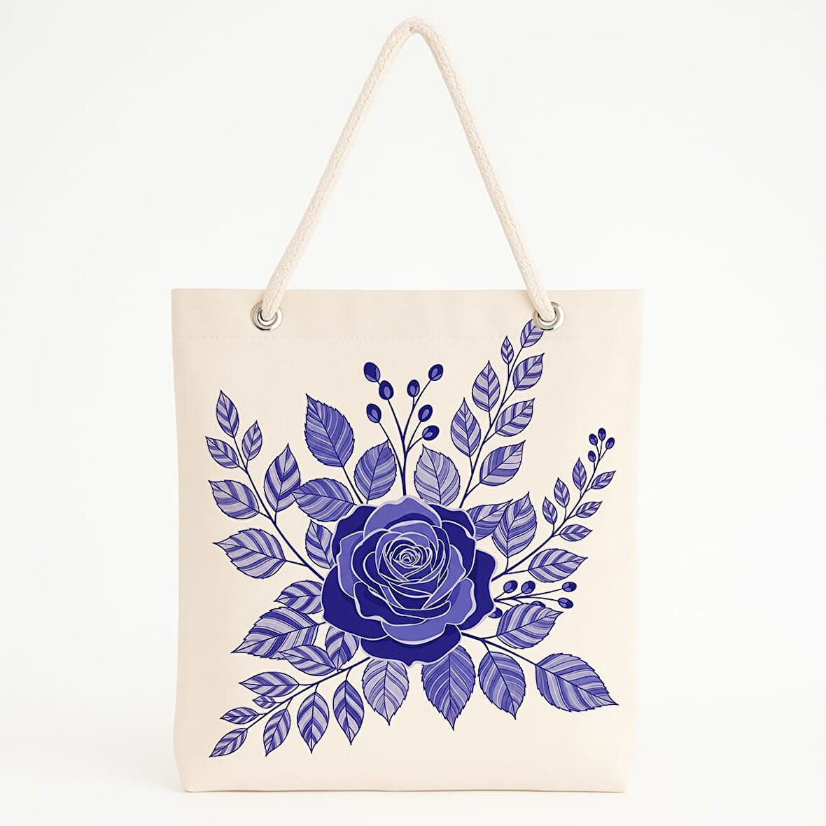 Bej Zeminli Mor Gül Desenli Plaj Çantası