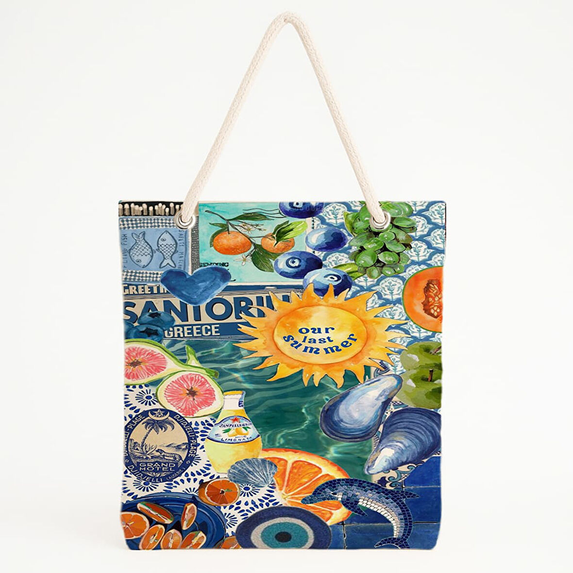 Santorini Temalı Renkli Desenli Plaj Çantası