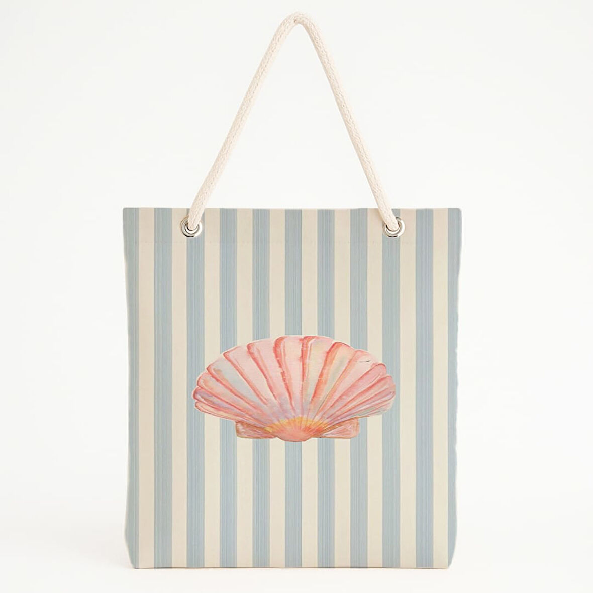 Mavi-Beyaz Çizgili Deniz Kabuklu Plaj Çantası