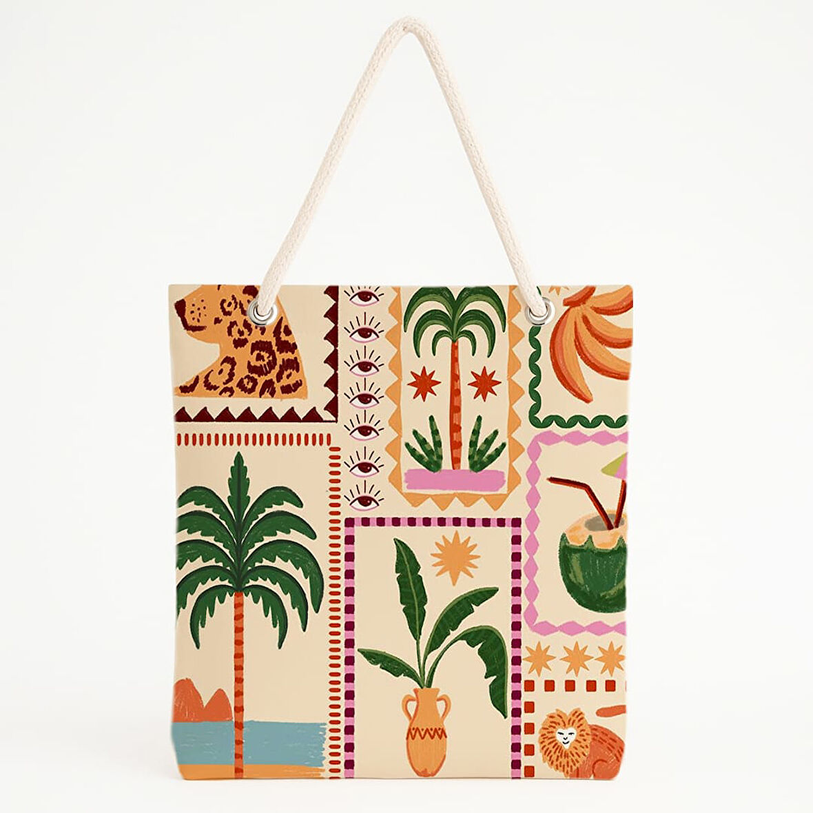 Tropik Panelli Vahşi Doğa Desenli Plaj Çantası