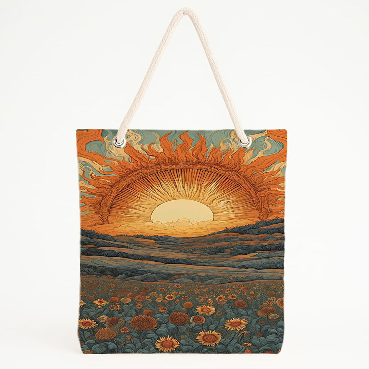 Güneşli Tepe ve Ayçiçekli Manzara Plaj Çantası