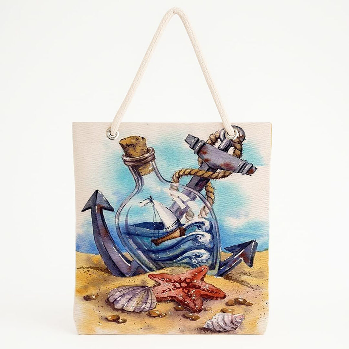 Şişede Yelkenli ve Çapa Desenli Plaj Çantası