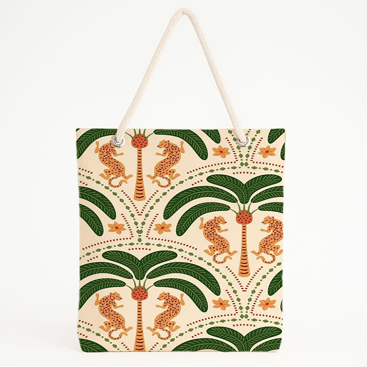 Leopar ve Palmiye Desenli Tropik Plaj Çantası