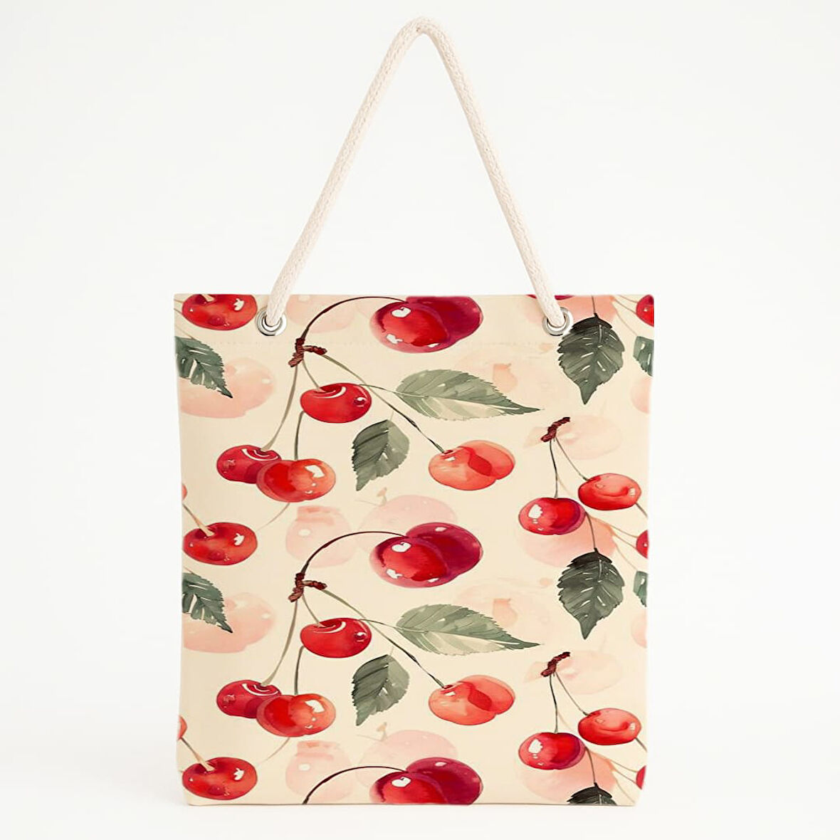 Kiraz Desenli Krem Plaj Çantası