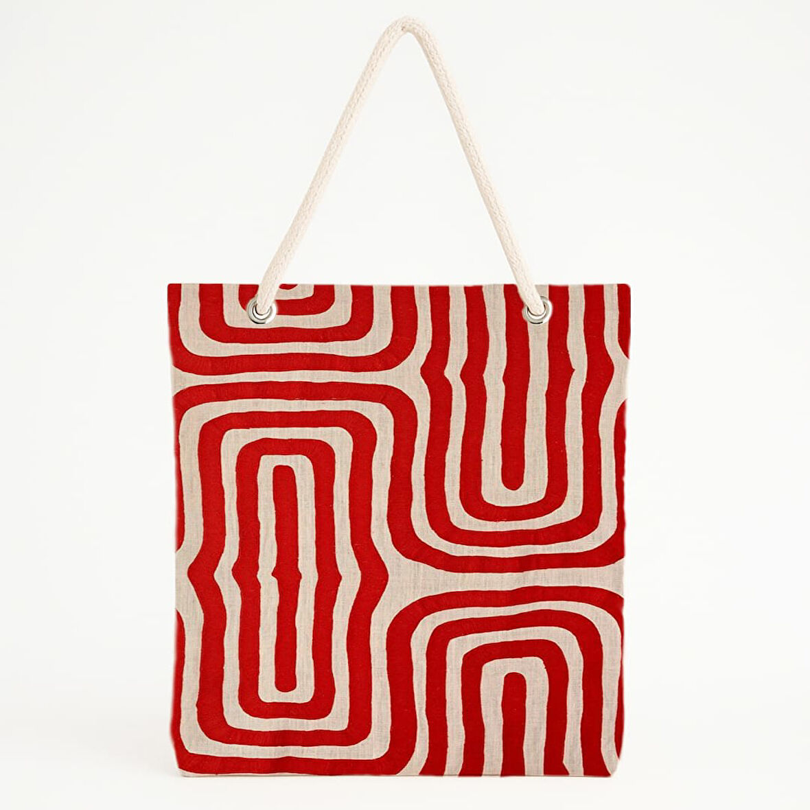 Dalgalı Geometrik Desenli Kırmızı Plaj Çantası