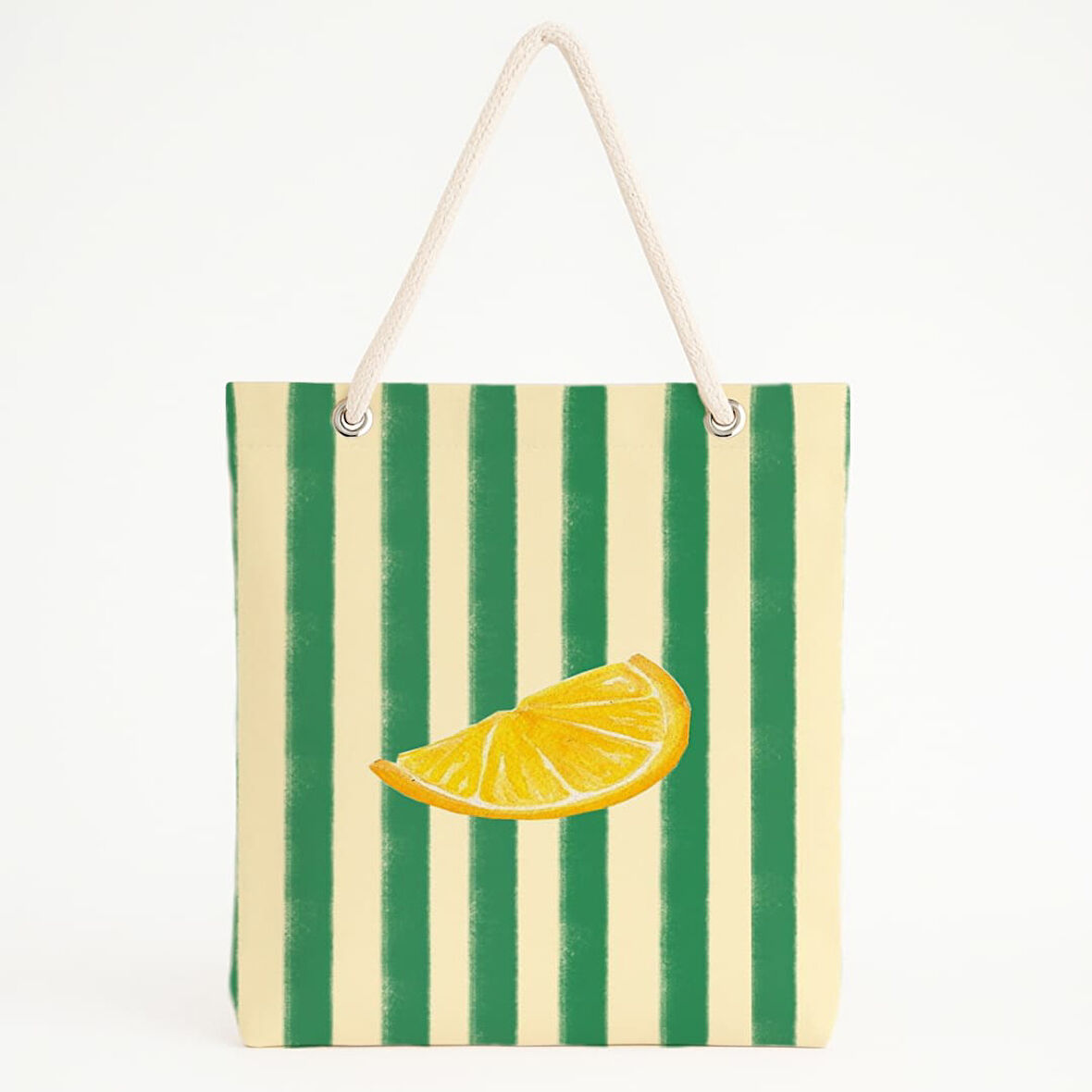 Yeşil Çizgili Limon Desenli Plaj Çantası