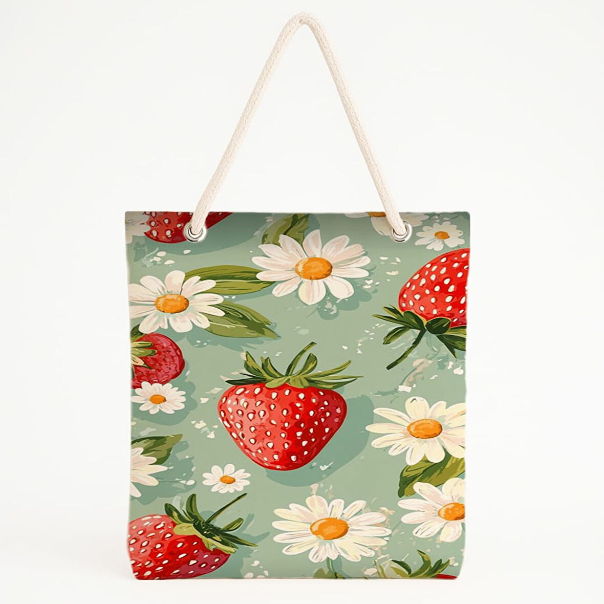 Çilek ve Papatya Desenli Yeşil Plaj Çantası