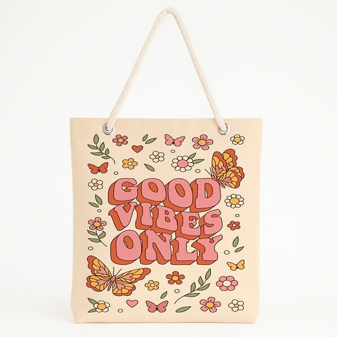 Good Vibes Only Temalı Çiçekli Plaj Çantası