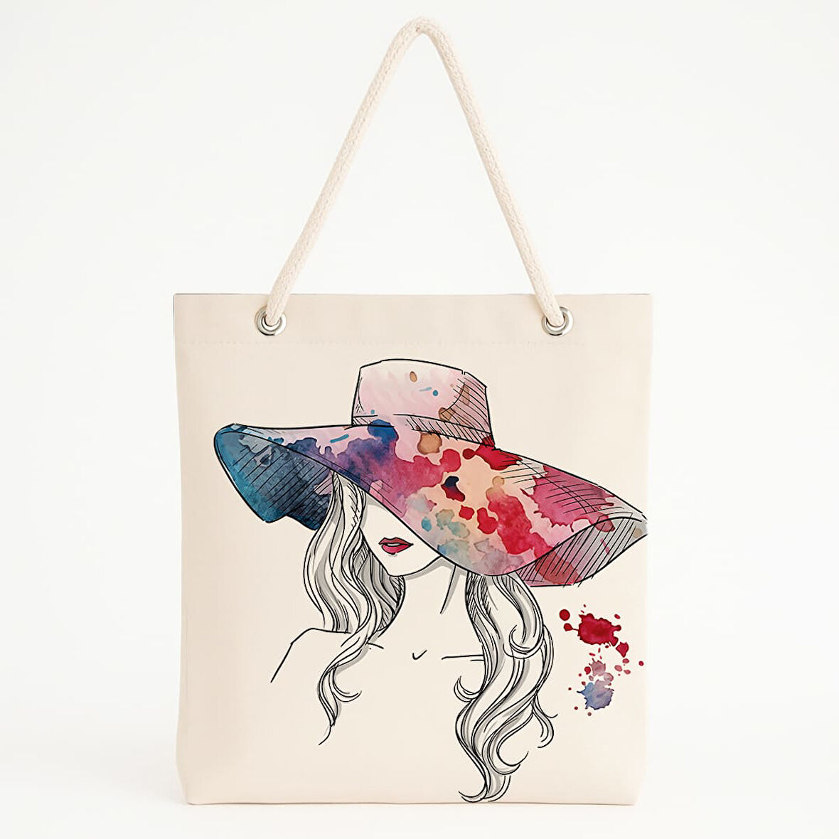 Şapkalı Kadın Desenli Plaj Çantası