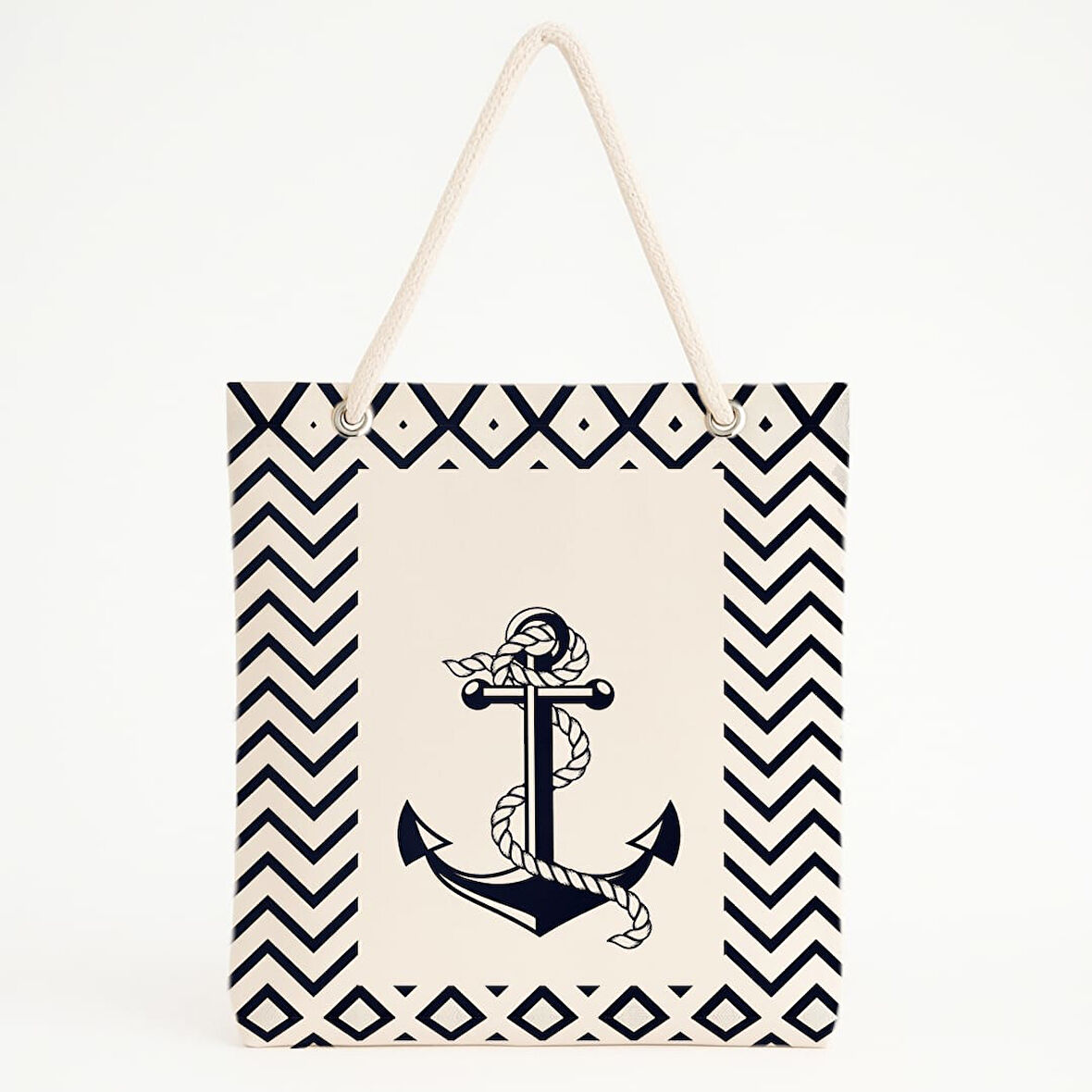Halatlı Çapa Desenli Siyah-Beyaz Plaj Çantası