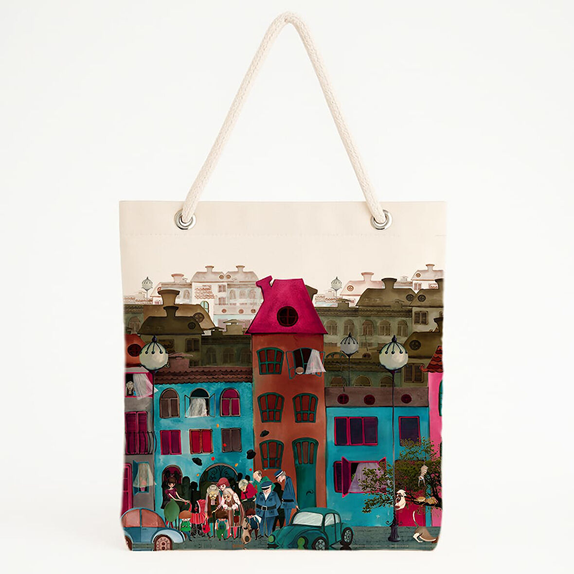 Renkli Sokak Manzaralı Plaj Çantası