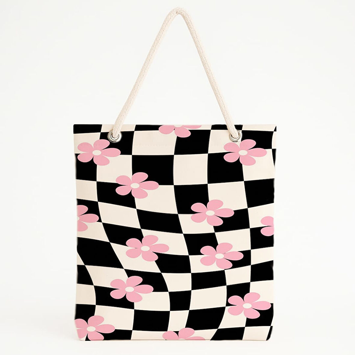 Çiçekli Dama Desenli Plaj Çantası