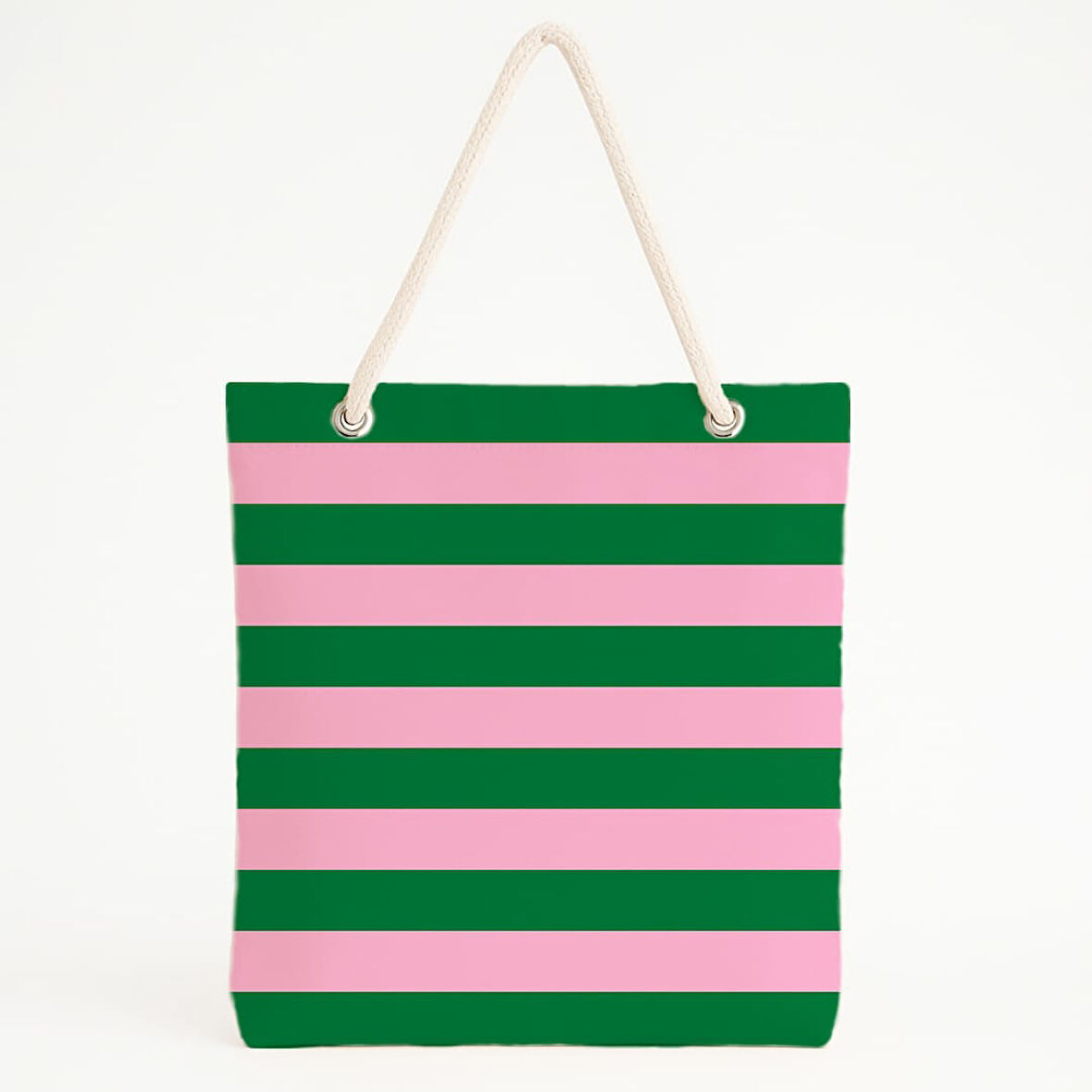 Yeşil-Pembe Yan Çizgili Plaj Çantası