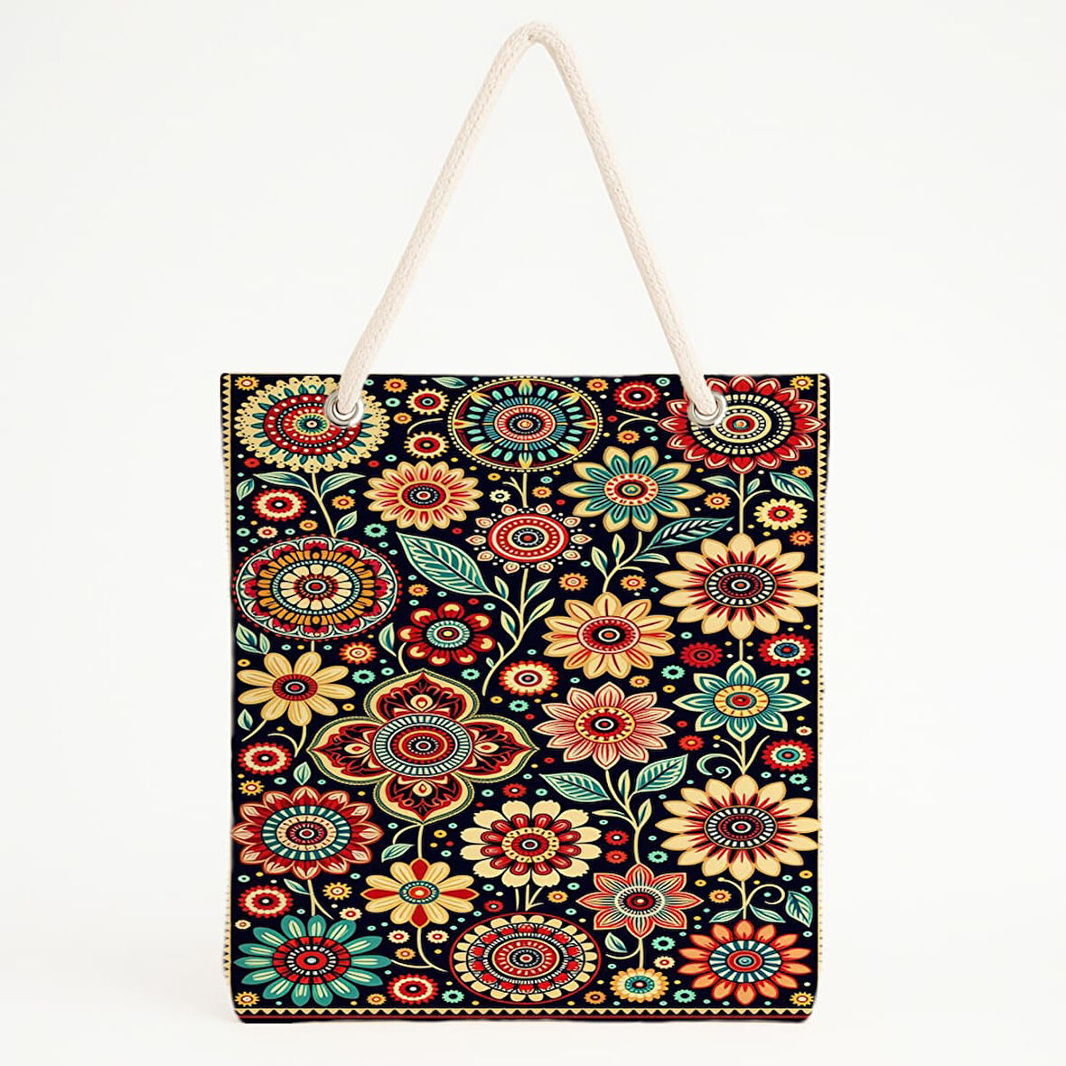 Bohem Çiçekli Siyah Plaj Çantası