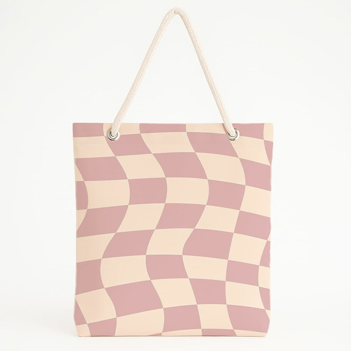 Kare Desenli Bej-Lila Plaj Çantası