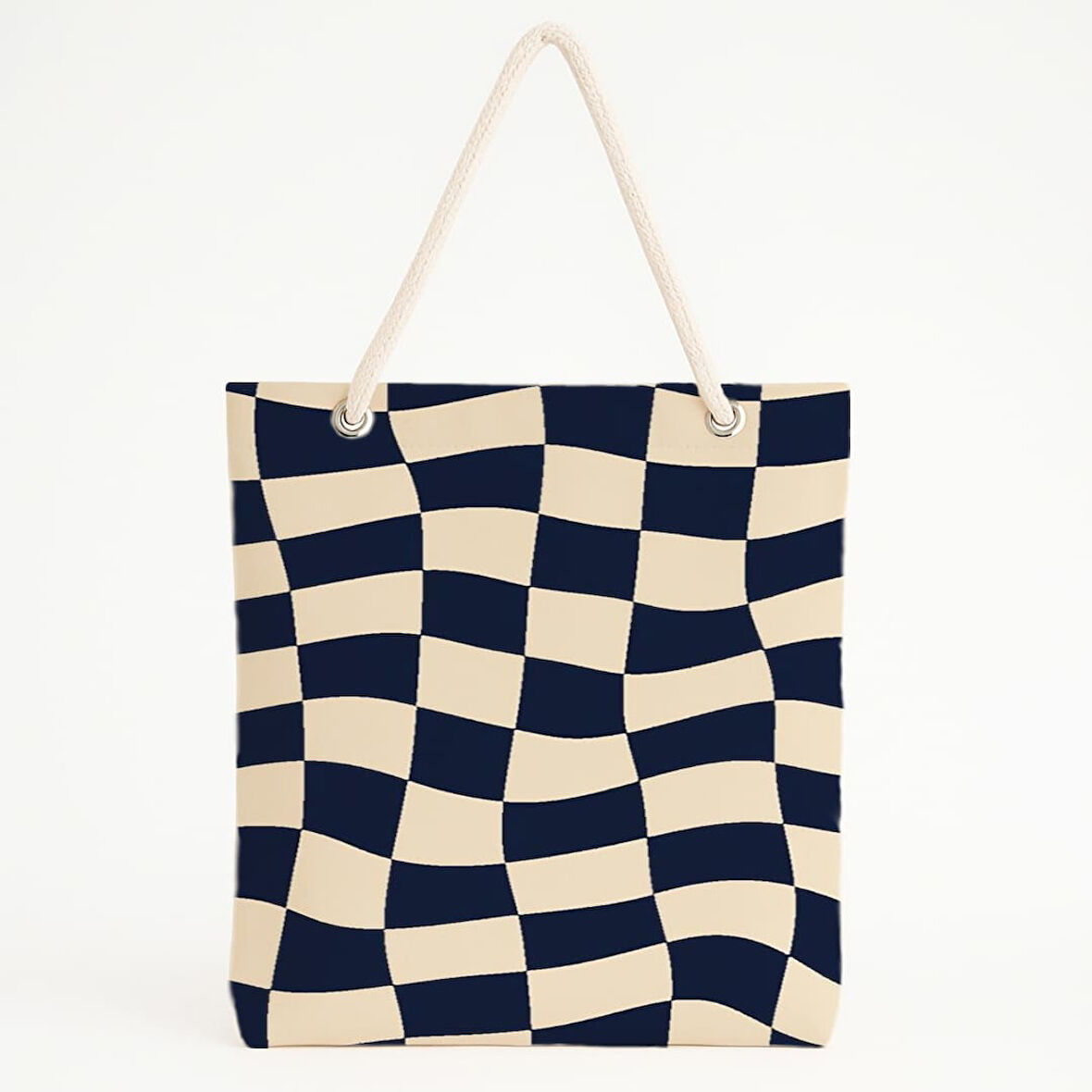 Lacivert-Bej Kareli Plaj Çantası