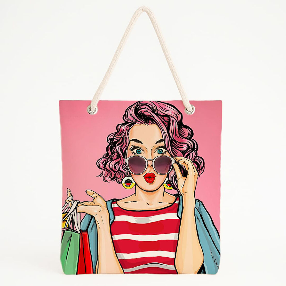 Pop Art Alışveriş Temalı Pembe Plaj Çantası