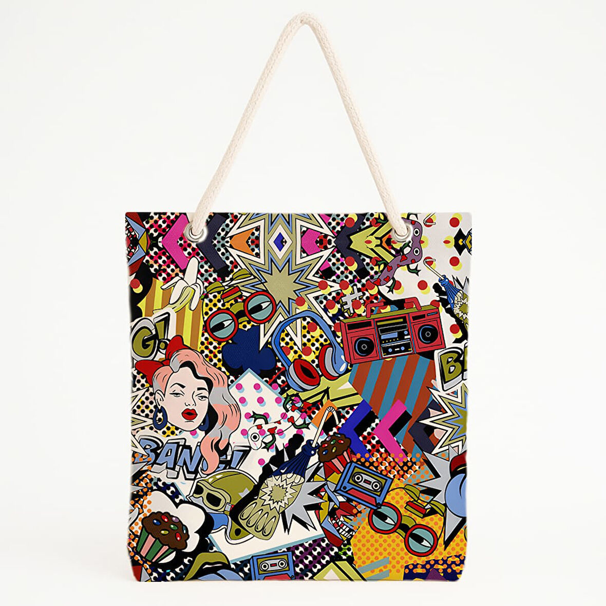 POP! Panelli Retro Grafik Plaj Çantası