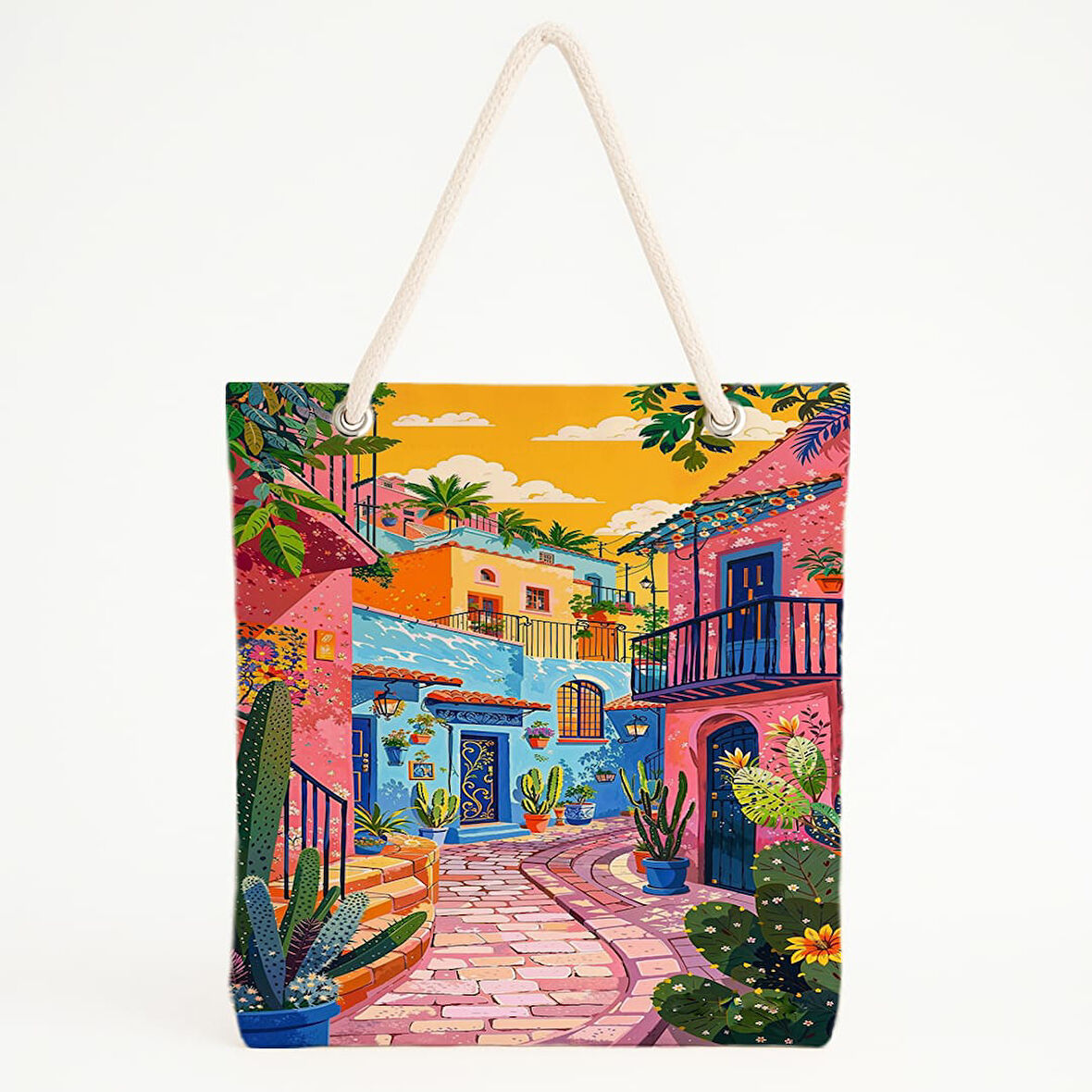 Kaktüs Sokaklı Renkli Plaj Çantası