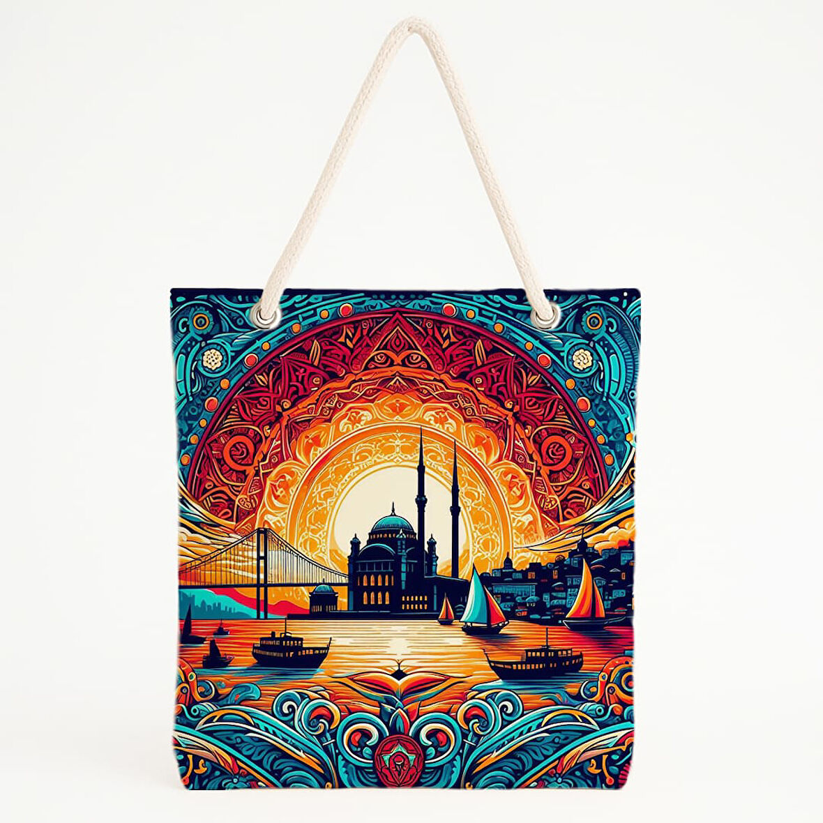Günbatımı ve Camii ve Desenli Plaj Çantası
