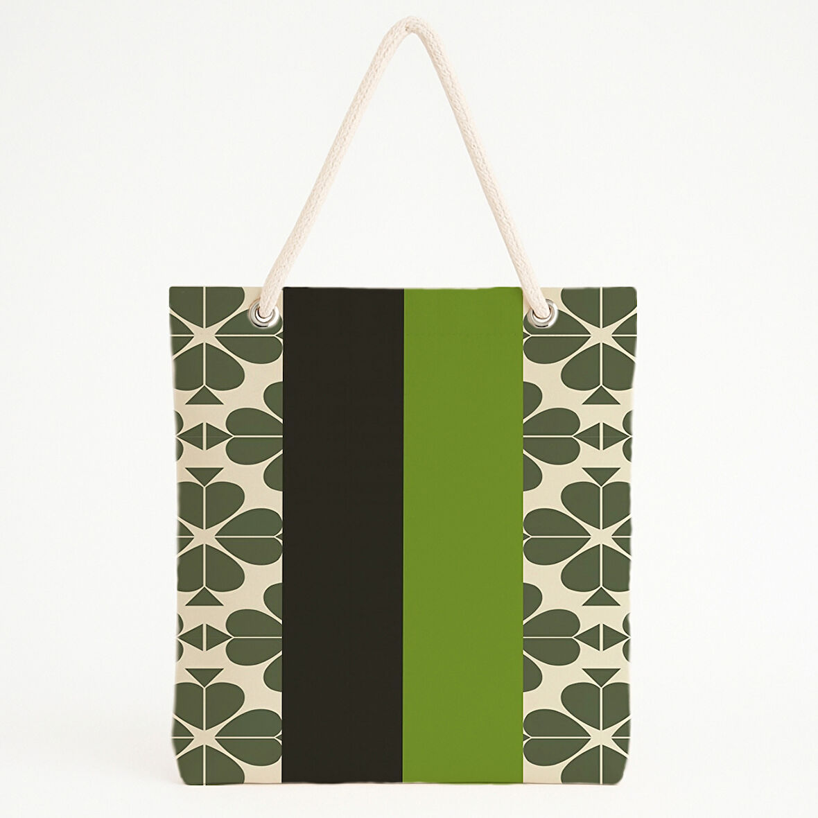 Yeşil Şeritli Yonca Motifli Plaj Çantası
