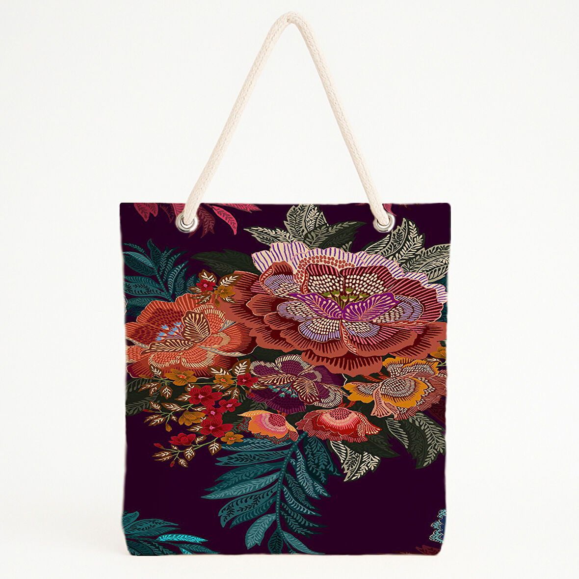 Mor Zeminli Çiçek Desenli Plaj Çantası