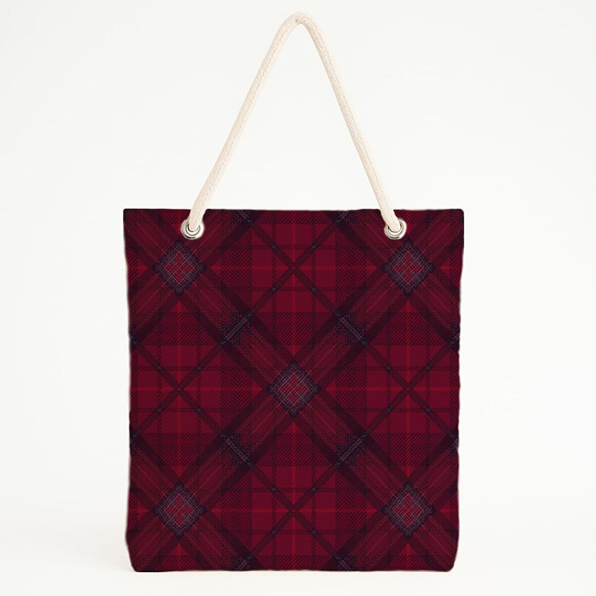 Çapraz Bordo Ekose Desenli Plaj Çantası