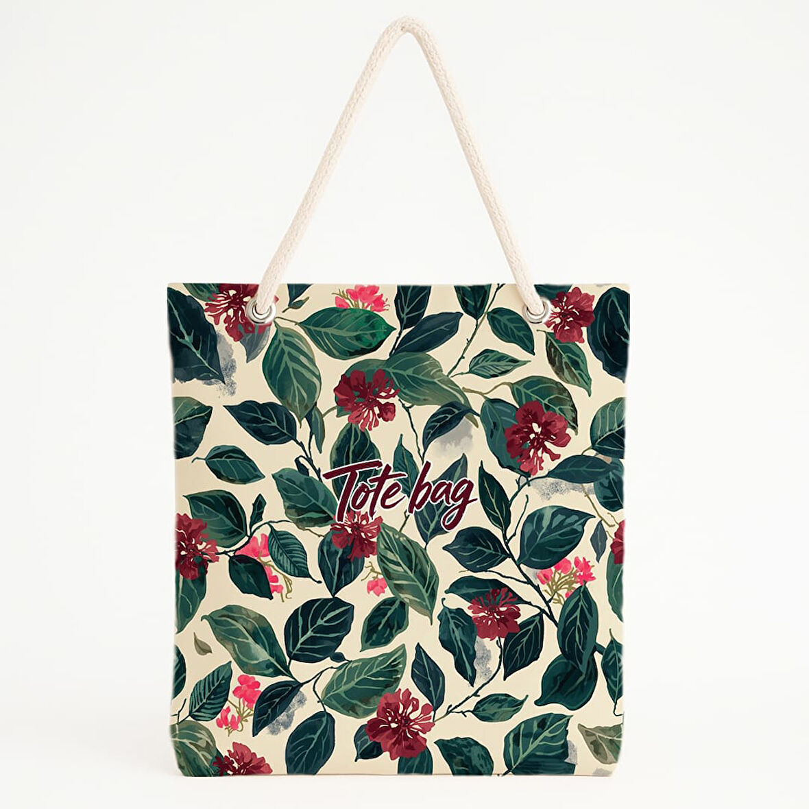 Kırmızı Çiçekli Yeşil Yapraklı Plaj Çantası