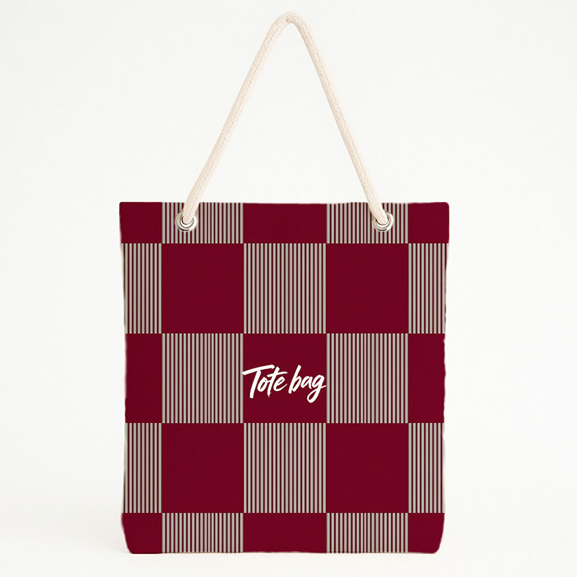 Bordo Bej Kare Desenli Retro Plaj Çantası