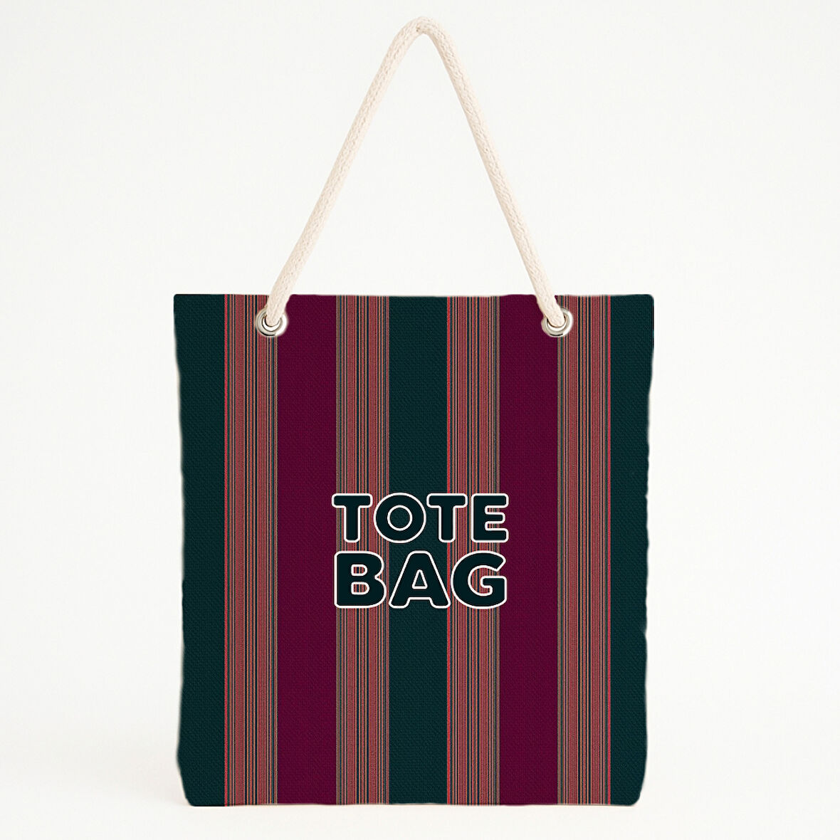 Yeşil Bordo Çizgili Tipografik Plaj Çantası
