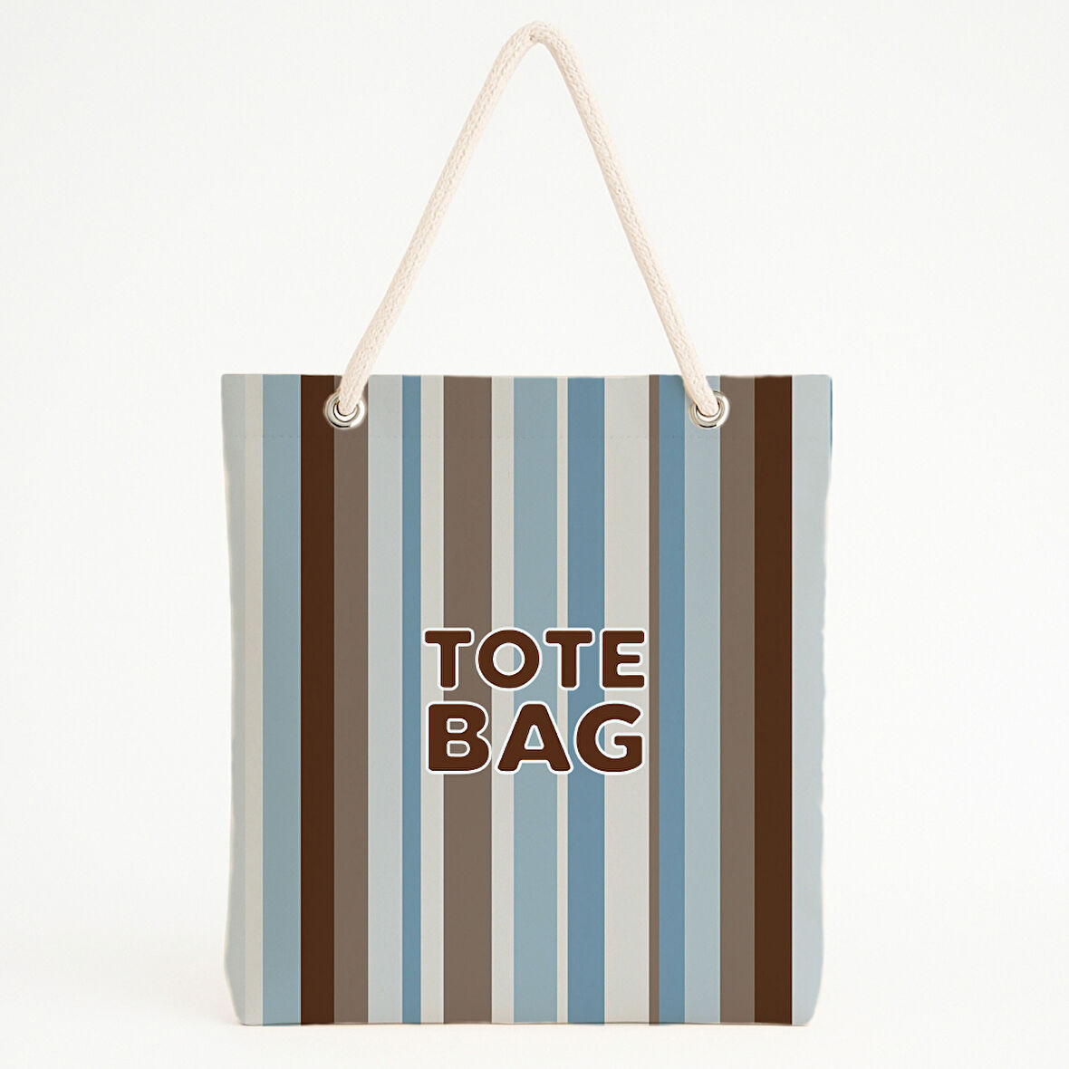 Mavi Bej Kahve Çizgili Tipografik Plaj Çantası