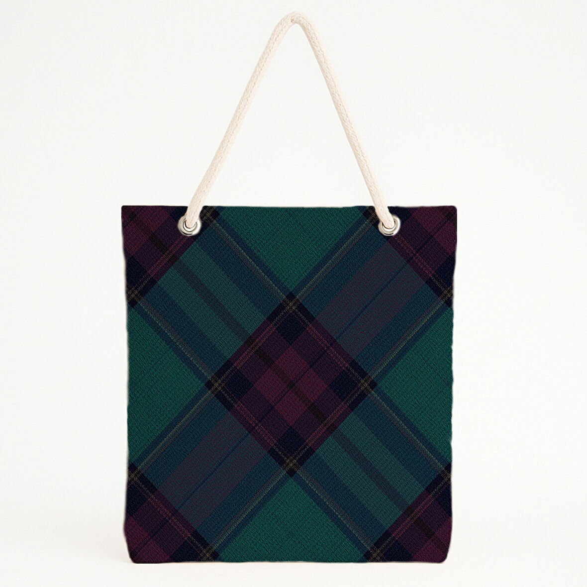 Koyu Tartan Dokulu Retro Plaj Çantası