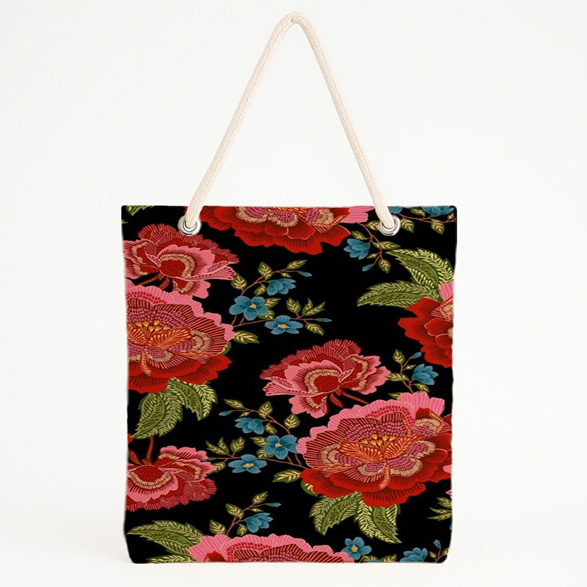 Siyah Zemin Canlı Floral Plaj Çantası