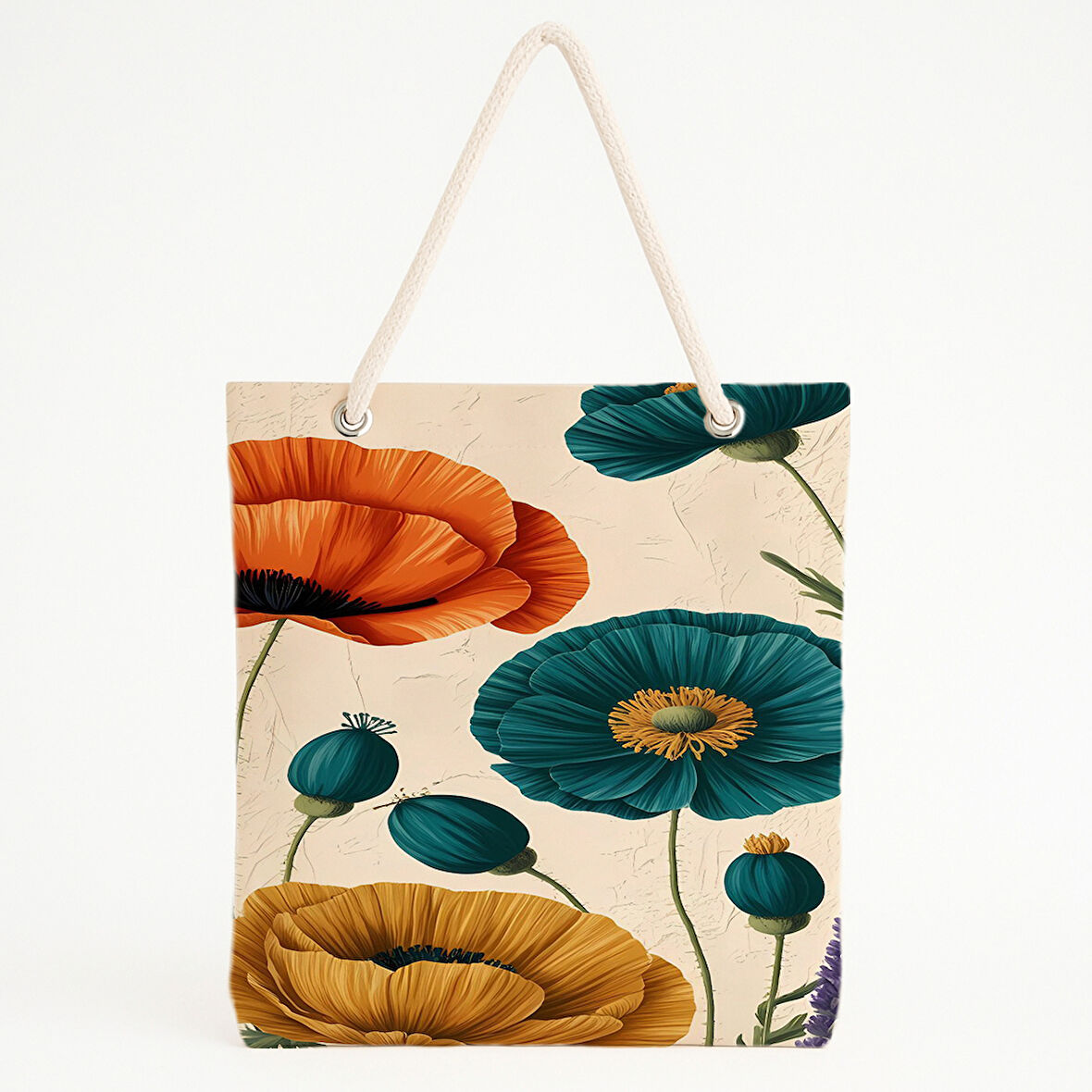 Bej Zemin Gelincik Desenli Plaj Çantası