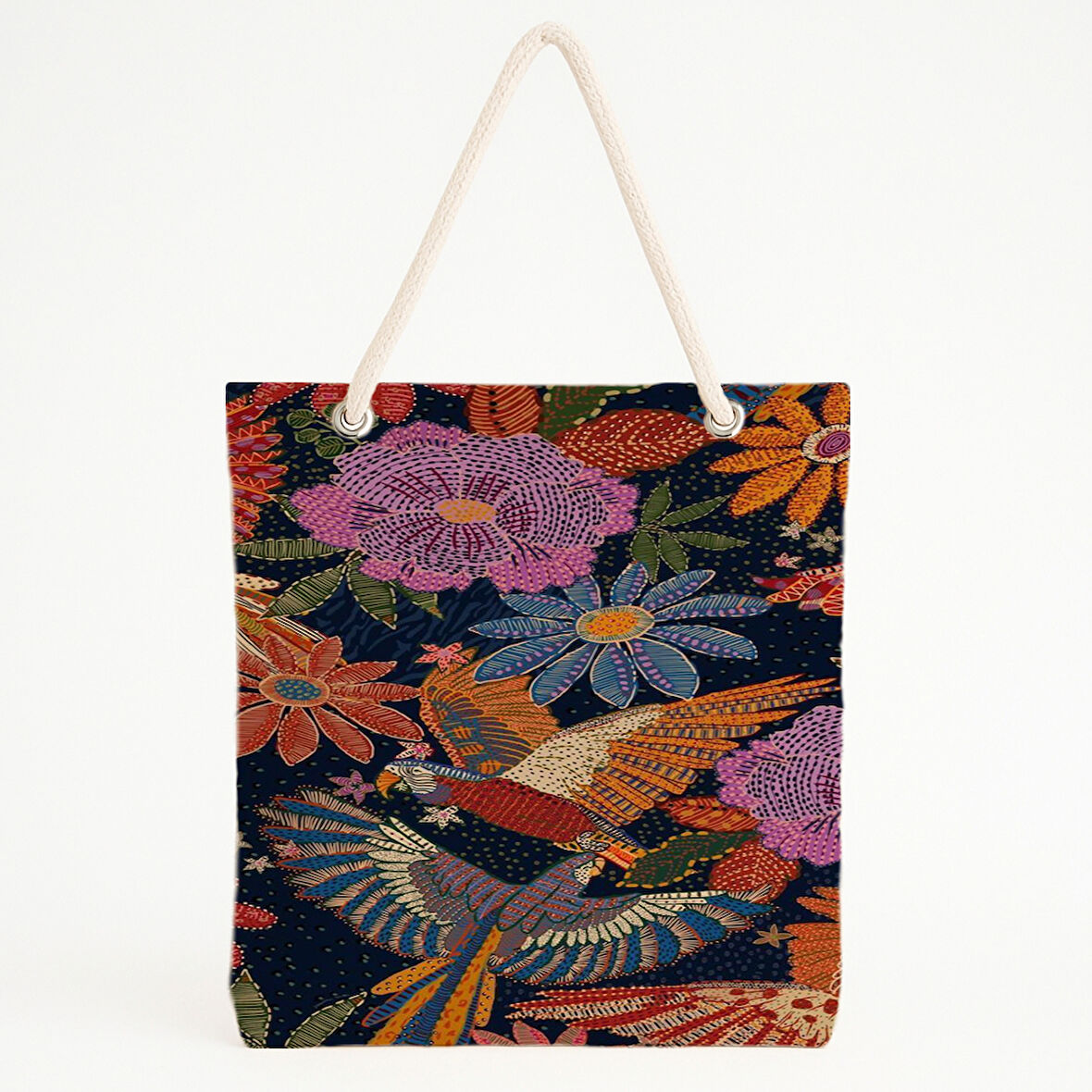 Lacivert Kuşlu Floral Nakış Plaj Çantası