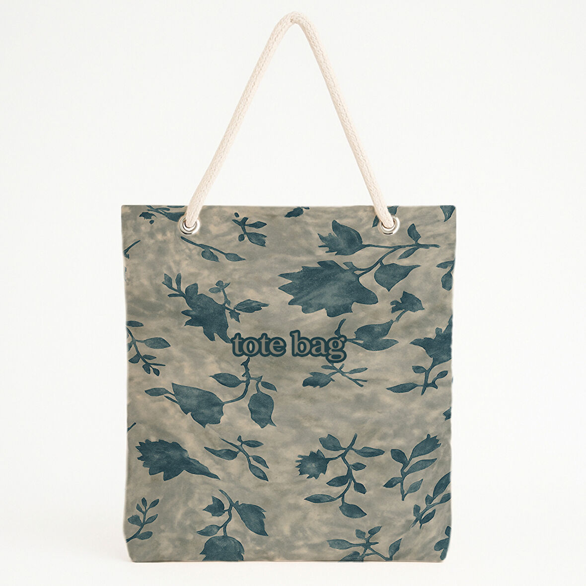 Bej Yeşil Yaprak Tipografik Plaj Çantası