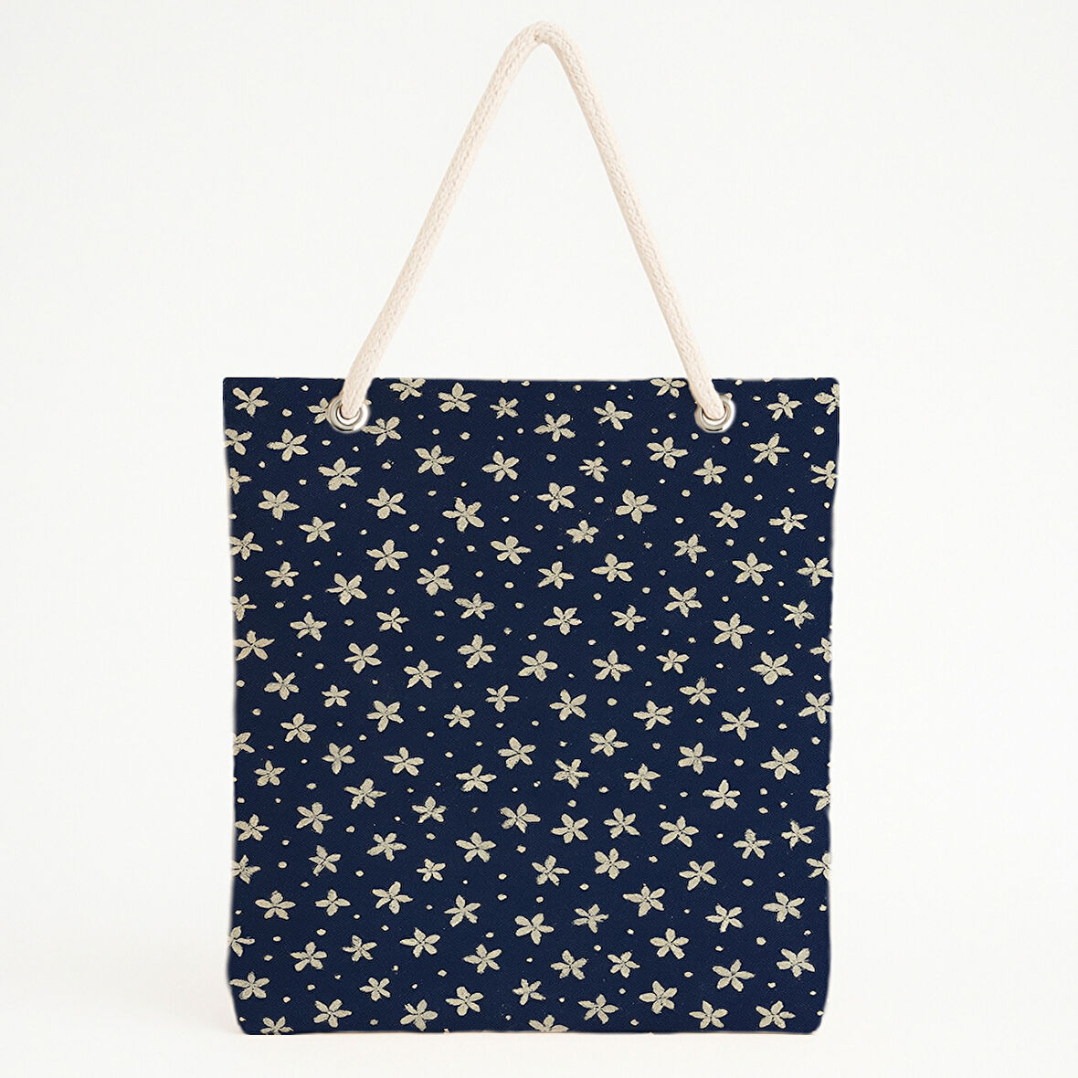 Lacivert Beyaz Floral Minimal Plaj Çantası