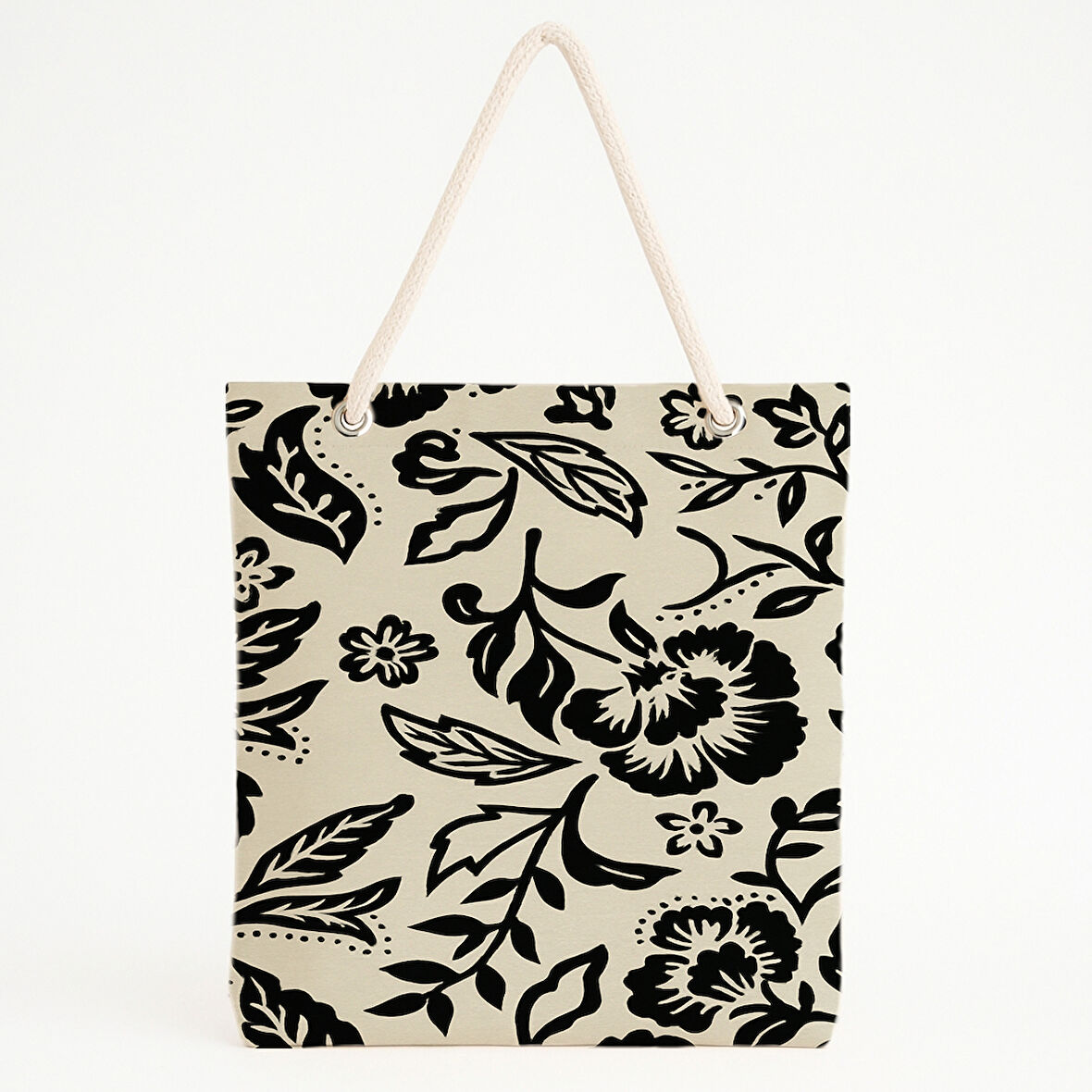 Bej Siyah Floral Simetrik Plaj Çantası