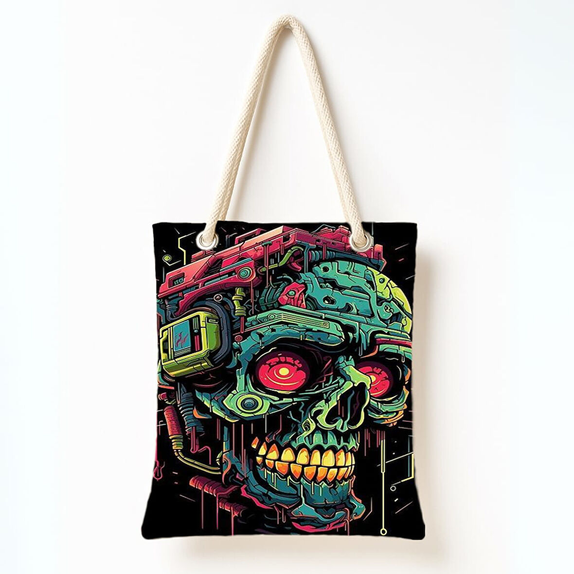 Neon Kafatası Cyberpunk Omuz Çantası