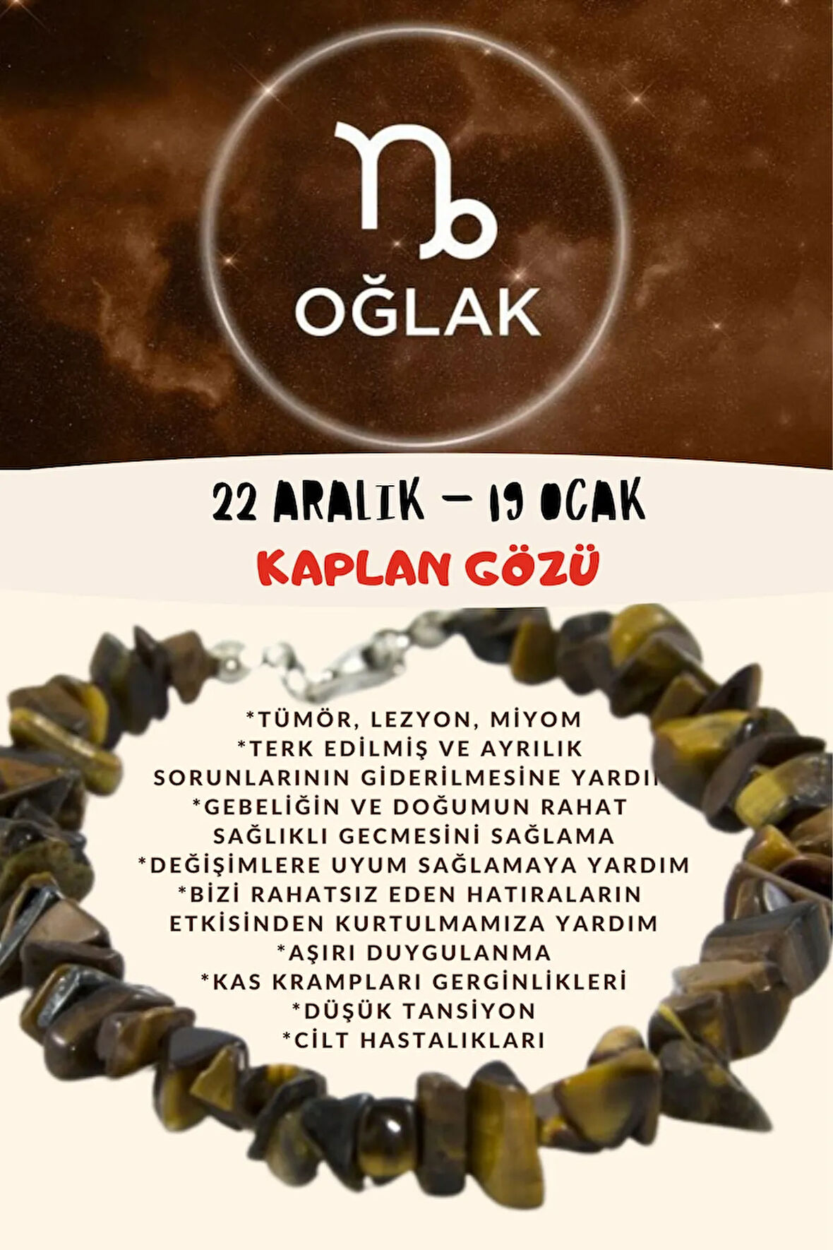 Sertifikalı Burç Taşı Oğlak Burcu Kaplan Gözü Taşı Bileklik
