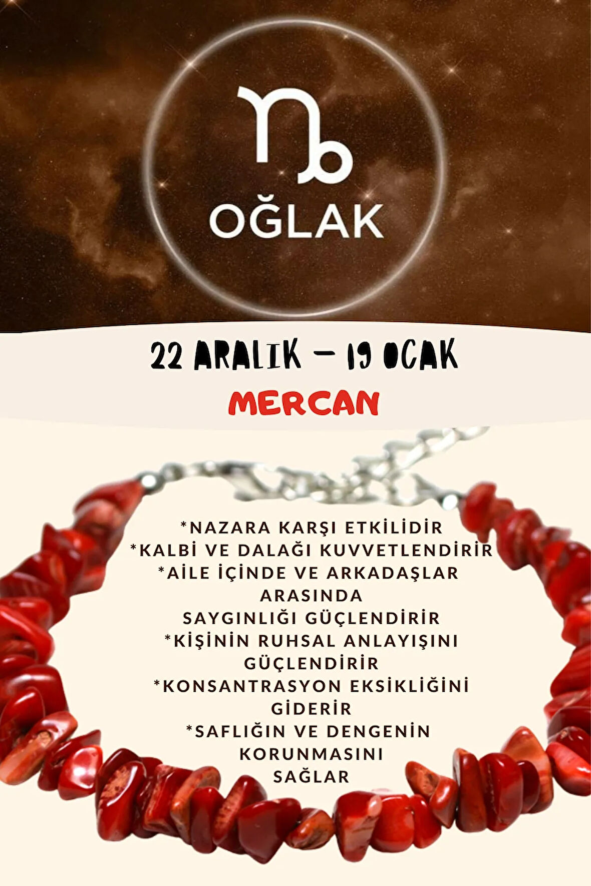 Sertifikalı Burç Taşı Oğlak Burcu Mercan Taşı Bileklik