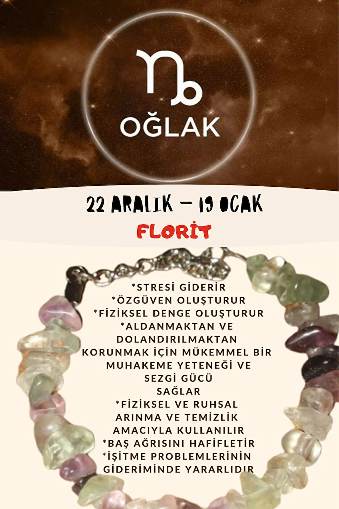 Sertifikalı Burç Taşı Oğlak Burcu Florit Taşı Bileklik
