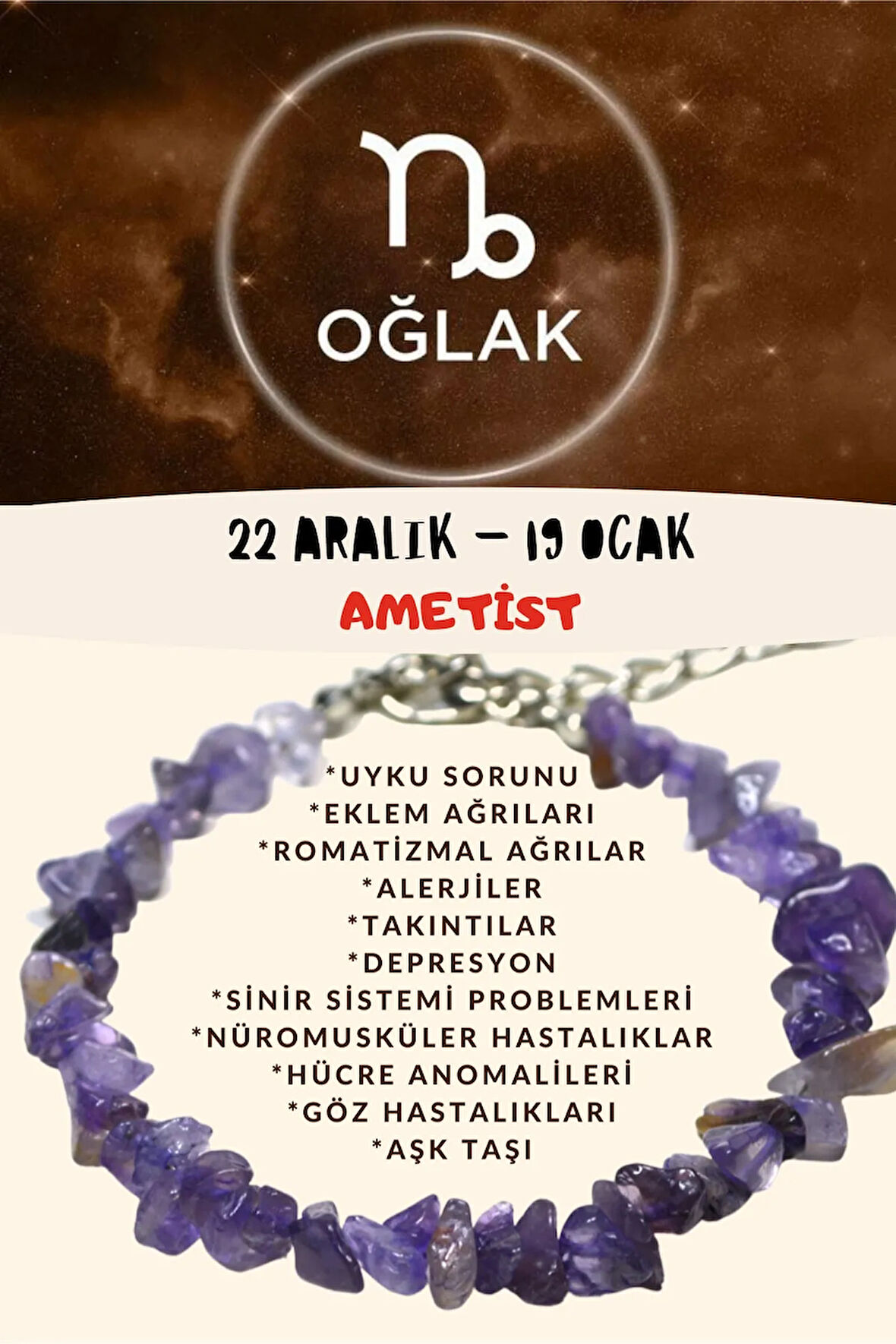 Sertifikalı Burç Taşı Oğlak Burcu Ametist Taşı Bileklik
