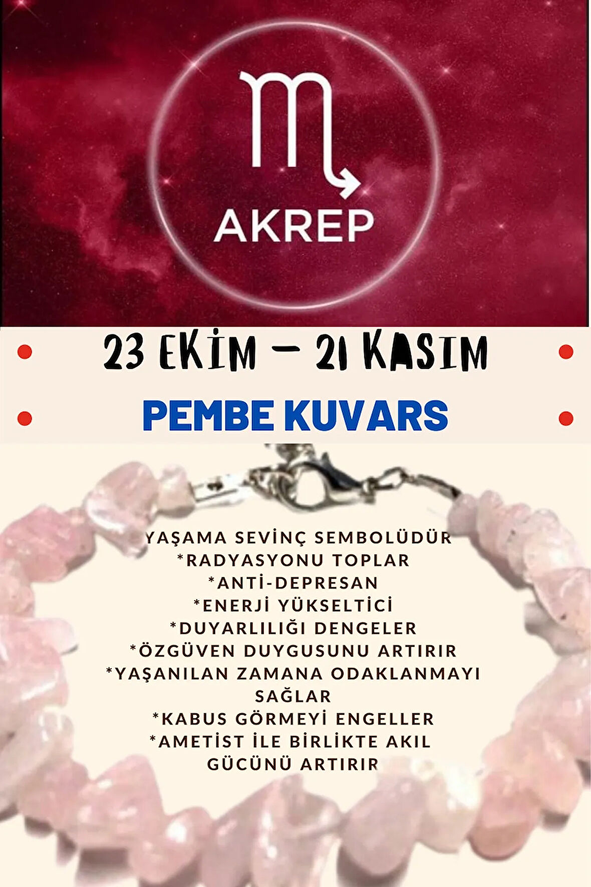 Sertifikalı Burç Taşı Akrep Burcu Pembe Kuvars Taşı Bileklik