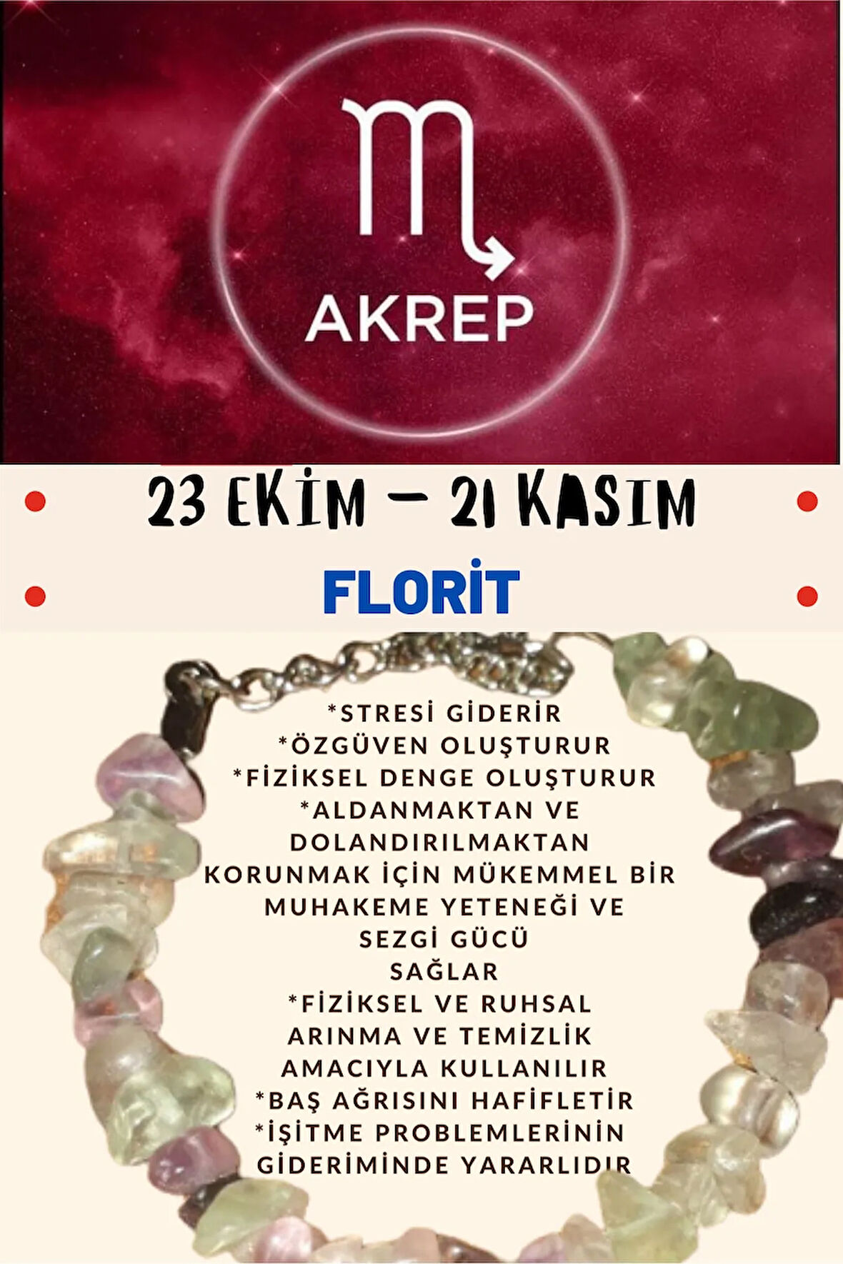 Sertifikalı Burç Taşı Akrep Burcu Florit Taşı Bileklik