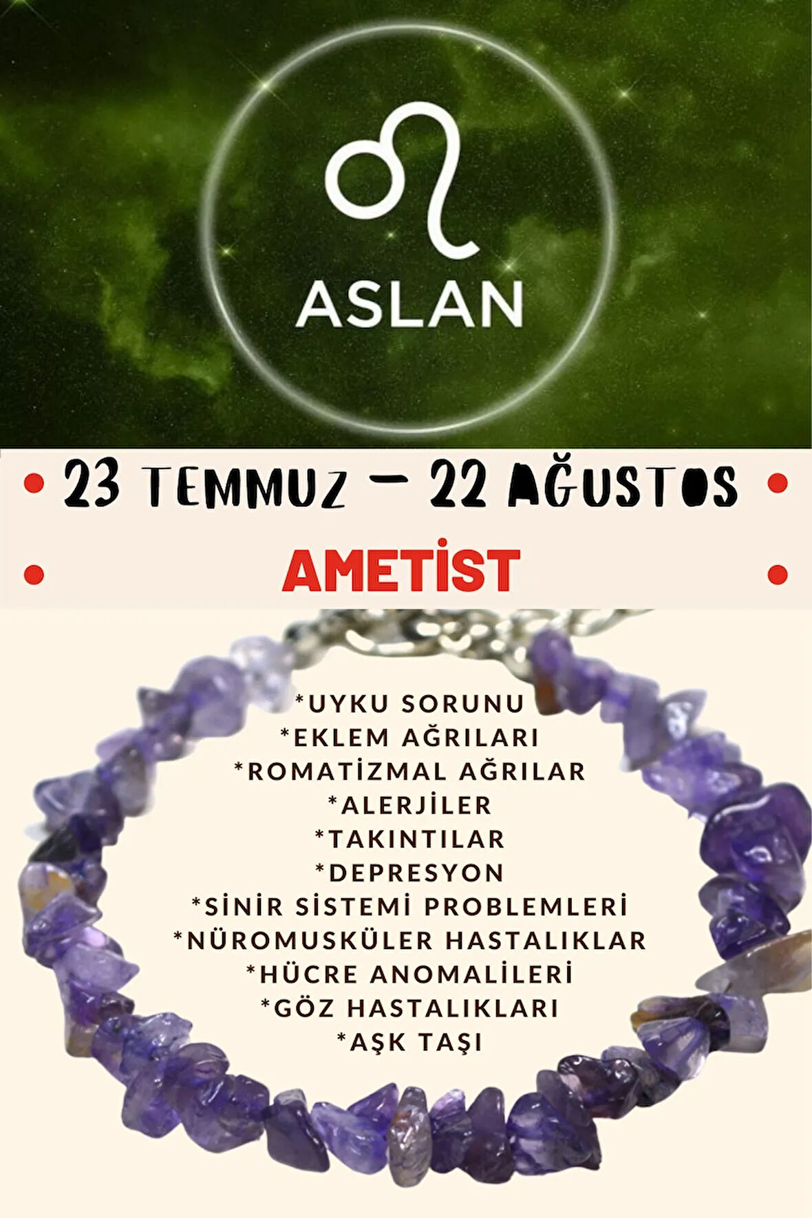 Sertifikalı Burç Taşı Aslan Burcu Ametist Taşı Bileklik