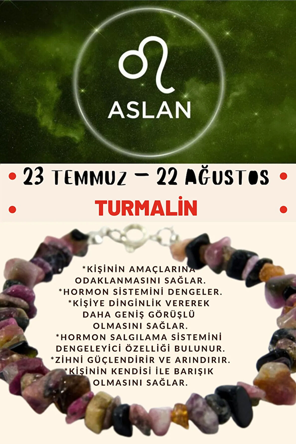 Sertifikalı Burç Taşı Aslan Burcu Turmalin Taşı Bileklik