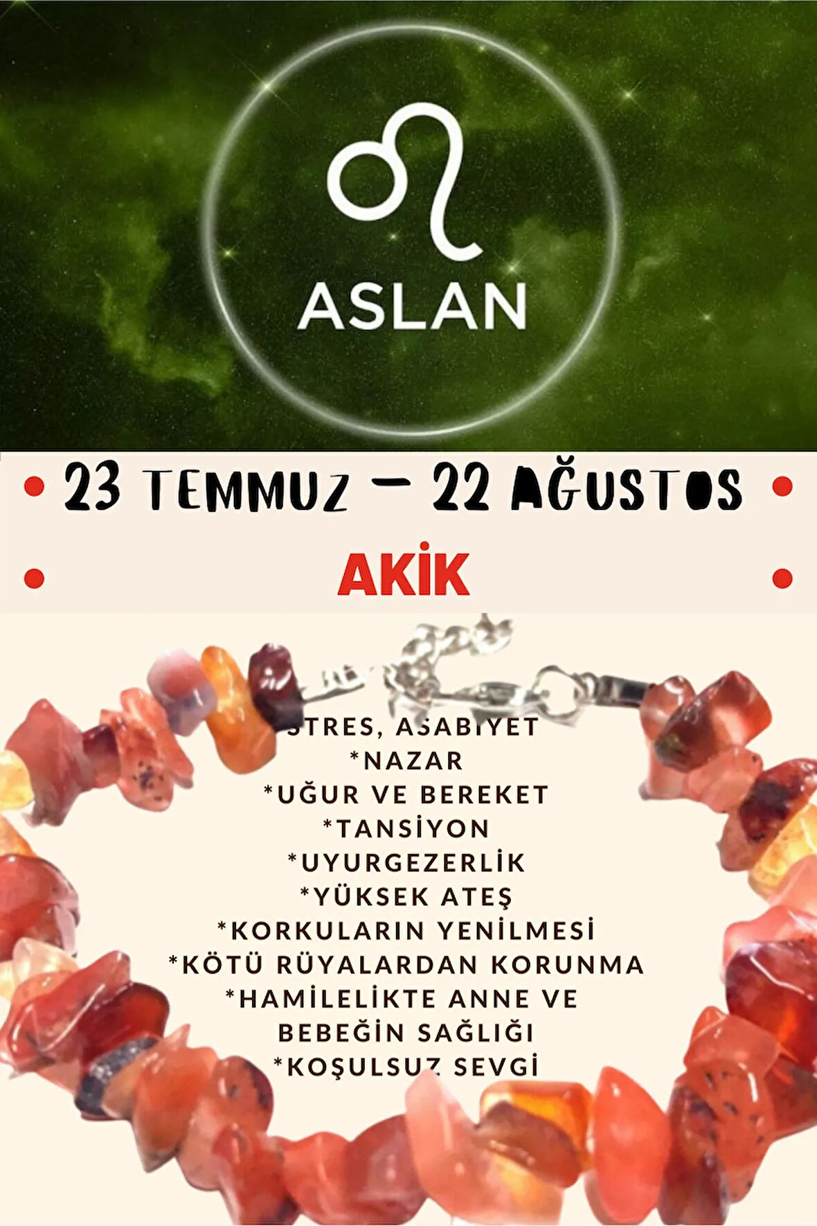 Sertifikalı Burç Taşı Aslan Burcu Akik Taşı Bileklik