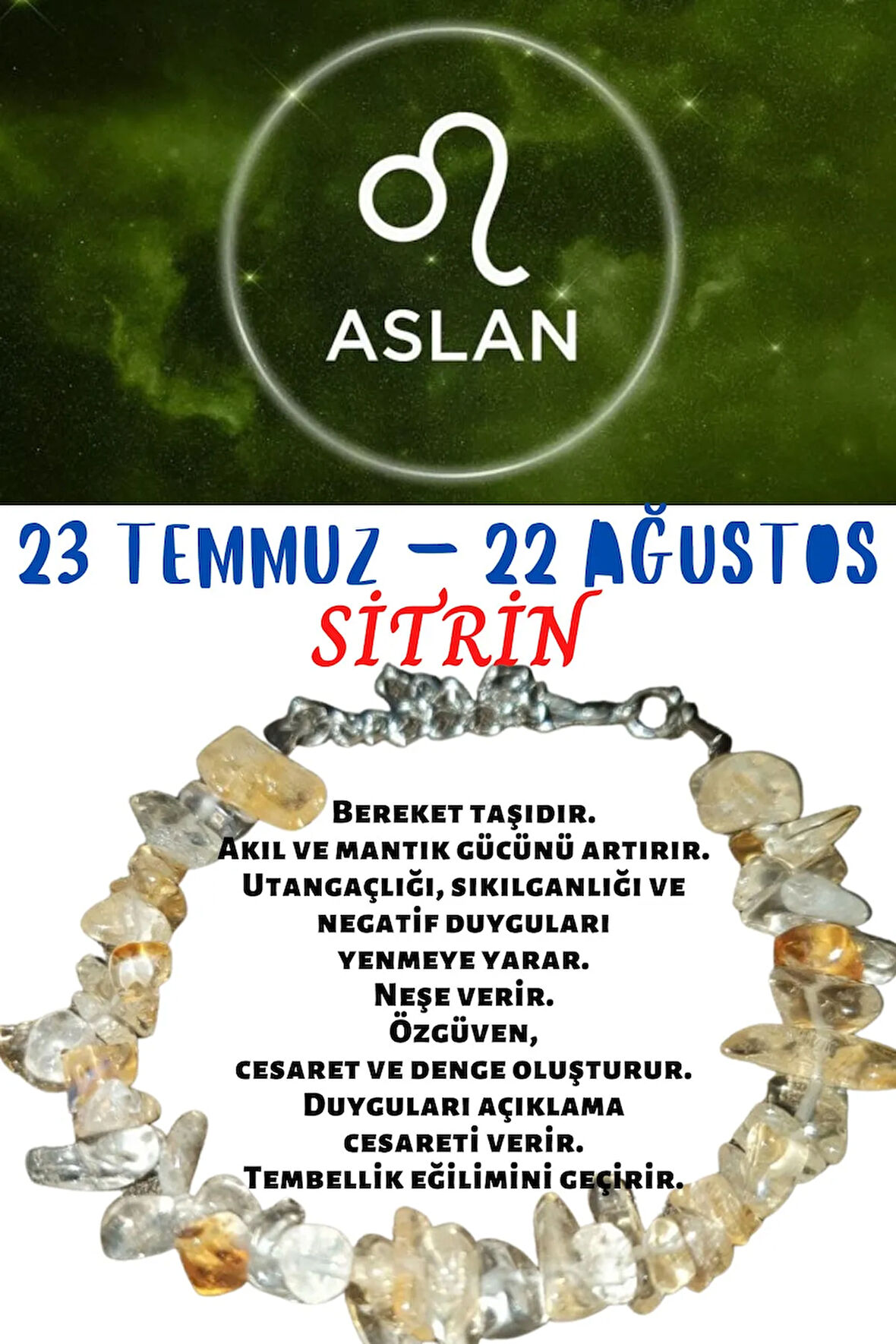 Sertifikalı Burç Taşı Aslan Burcu Sitrin Taşı Bileklik