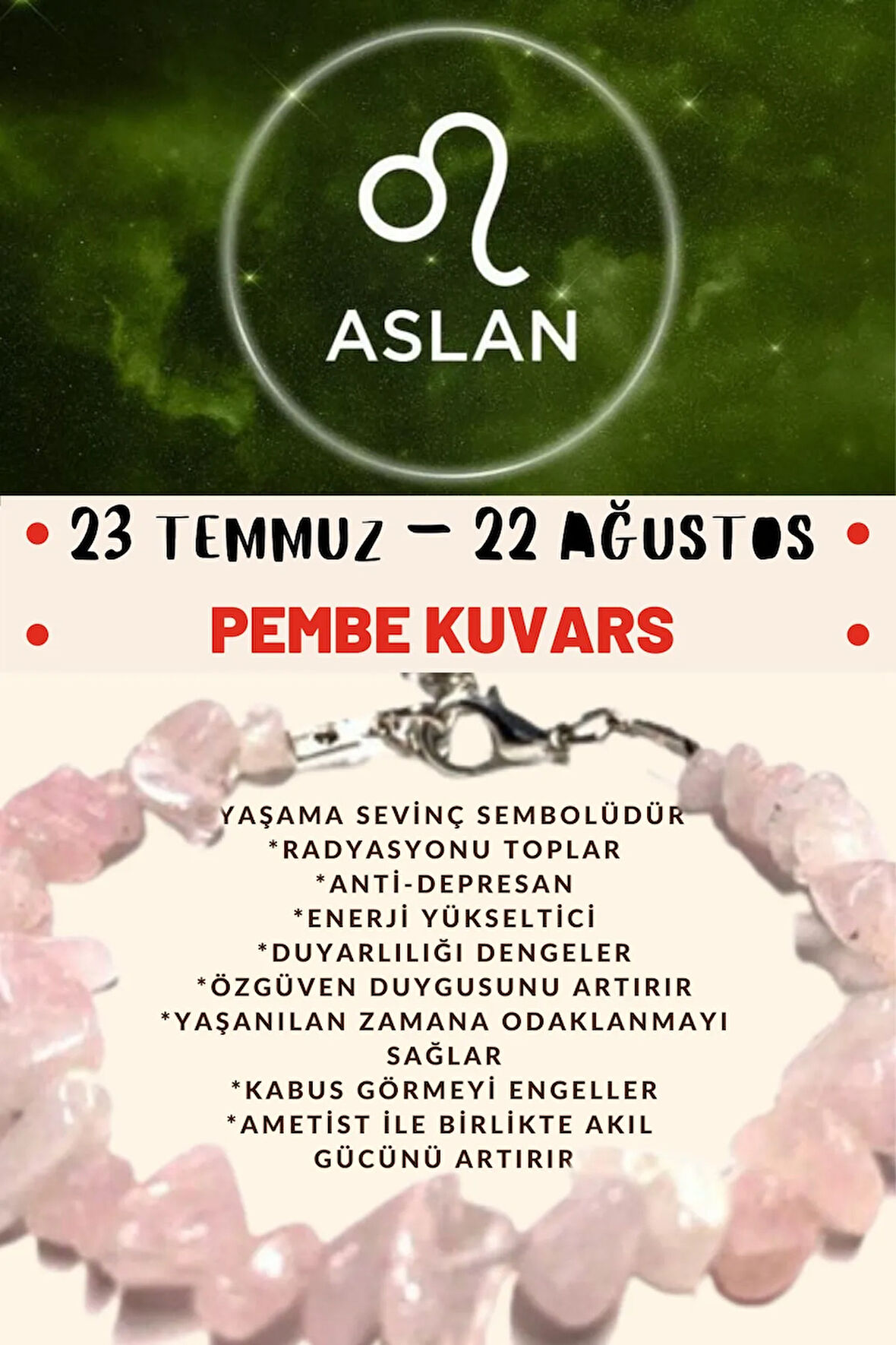 Sertifikalı Burç Taşı Aslan Burcu Pembe Kuvars Taşı Bileklik